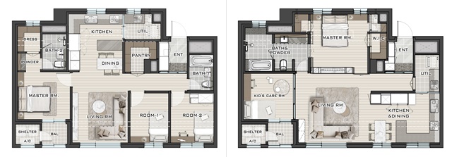 ▲ 기본형(좌)과 키즈 중심 특화 평면도. ⓒ롯데건설