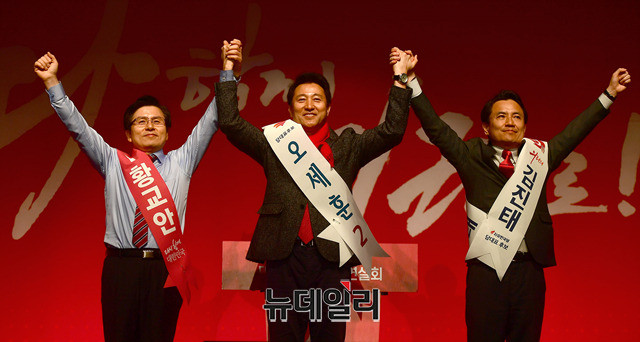 ▲ 자유한국당 2.27 전당대회 당대표 후보자들. 왼쪽부터 황교안 전 국무총리, 오세훈 전 서울시장, 김진태 한국당 의원. ⓒ정상윤 기자