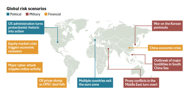 ▲ EIU가 선정한, 2019년 10대 세계경제위험 요소를 표시한 지도. ⓒEIU 리포트 화면캡쳐.