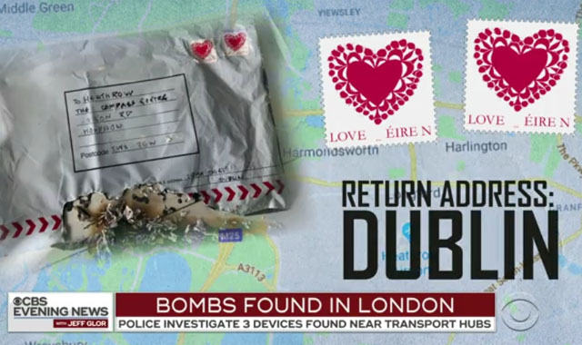 ▲ 영국 런던의 히드로 공항, 시티 공항, 워털루 역에서 발견된 소포 폭탄. ⓒ미국 CBS 방송 보도화면 캡쳐.