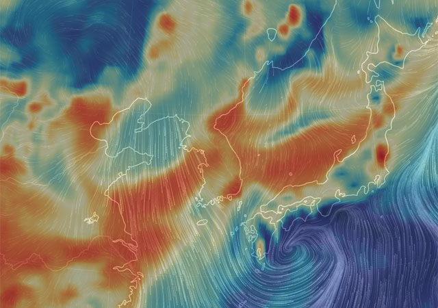 ▲ 한국에서도 많이 보는 어스 눌스쿨의 2019년 3월 6일 오후 10시 한반도 주변의 초미세먼지(P.M 1) 흐름. ⓒ어스 눌스쿨 화면캡쳐.