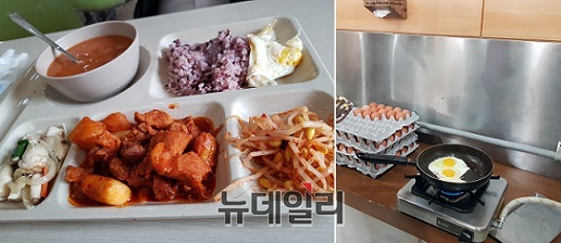 ▲ 7일 제공된 고려대 '마음든든 아침' 식단(왼쪽), 식당 내 계란후라이 조리 코너. ⓒ류용환 기자