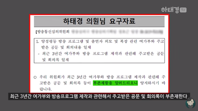 ▲ 7일 하태경 바른미래당 의원이 유튜브 채널 '하태경TV'를 통해 '아이돌 외모 규제' 논란을 일으킨 여성가족부의 '성평등 방송 프로그램 제작 안내서'와 관련, 방송통신심의위원회에 질의한 내용을 공개했다. ⓒ'하태경TV' 갈무리