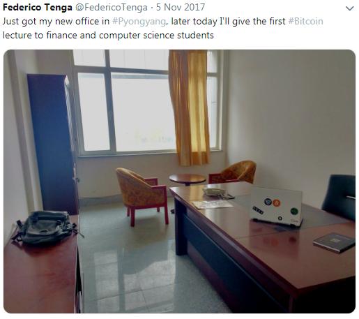 ▲ 이탈리아 가상화폐 사업가 페드리코 텡가가 평양과기대에서 비트코인 강의계획을 밝히며 올린 트위터