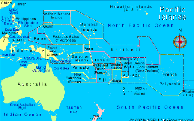 ▲ 프랑스-호주 지도: 태평양 도서 및 호주 위치도.  출처: infoplease