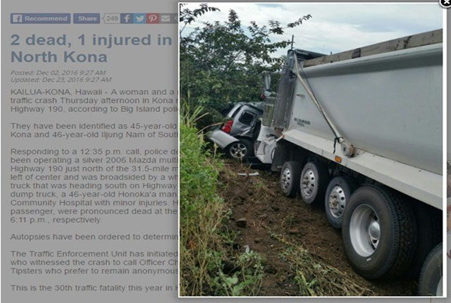 ▲ 2016년 12월 5일 하와이에서 발생한 교통사고. 이 사고로 고위 간부 출신 탈북자 2명이 숨졌다. 이들은 그 전까지 北보위부로부터 살해위협을 받은 사람들이었다. ⓒ당시 현지 TV보도화면 캡쳐.