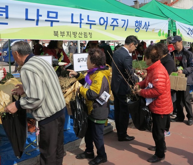 ▲ 지난해 식목일, 북부지방산림청이 시민들에게 무료로 나무를 나눠주고 있는 모습.ⓒ북부지방산림청 제공