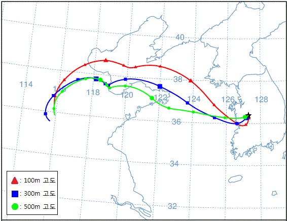 ▲ 충북도보건환경연구원이 미국의 국립해양대기국 공기 기류 경로를 역궤적으로 분석해 나타낸 설명도.ⓒ충북도보건환경연구원