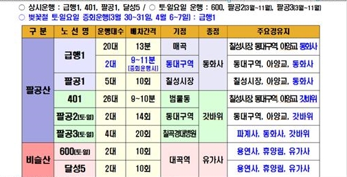 ▲ 2019 벚꽃철 팔공산·비슬산 운행노선.ⓒ대구시