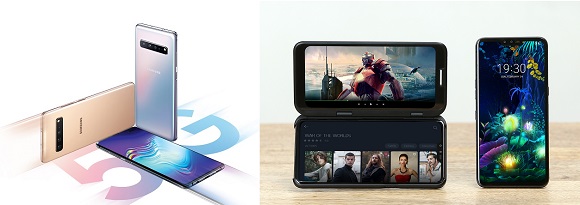 ▲ 좌측부터 삼성저자의 '갤럭시S10 5G', LG전자의 'LG V50 씽큐' 제품 이미지.ⓒ각 사