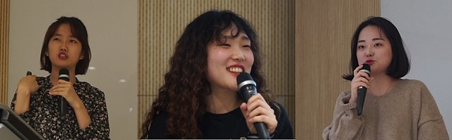 ▲ 제 12회 SM C&C Talk 연사로 선 기획(AE) 정숙현 플래너, 카피(Copywriter) 최지은 플래너, 아트(Art director) 조유진 플래너. ⓒSM C&C