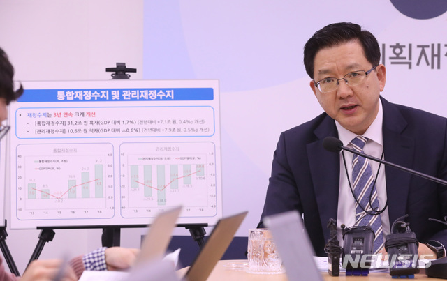 ▲ 이승철 기획재정부 재정관리관이 지난 1일 정부세종청사에서 2018 회계연도 국가결산보고서 주요내용을 설명하고 있다.ⓒ뉴시스