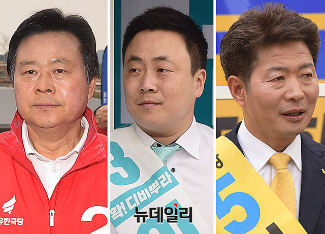 ▲ 경남 창원성산 국회의원 보궐선거에 출마한 강기윤 자유한국당 후보, 이재환 바른미래당 후보, 여영국 정의당 후보. ⓒ박성원 기자
