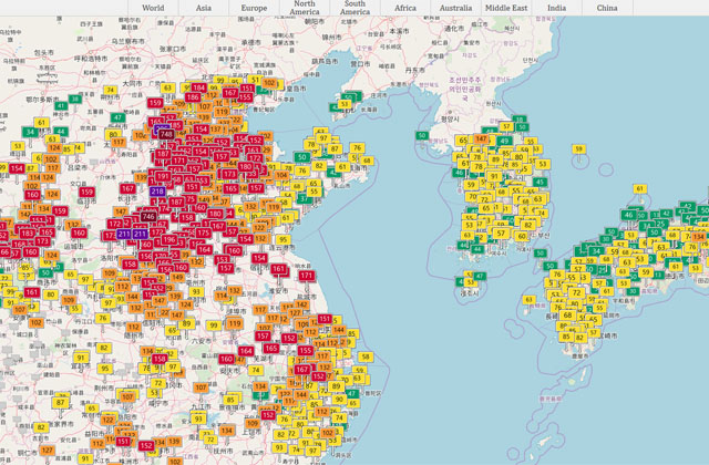 ▲ 미국의 AQI를 토대로 공기질 지수를 보여주는 사이트에 나온 동북아 지역 대기질. ⓒAQICN 홈페이지 캡쳐.