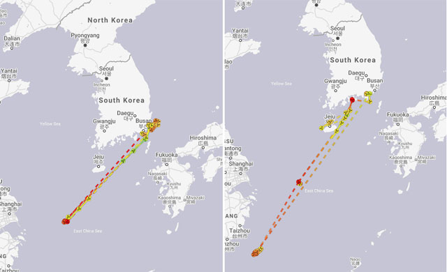 ▲ '루니스'호의 과거 행적. 국제해사기구(IMO) 규정에 따라 항상 켜게 돼 있는 AIS를 끄고 공해상에서 오랜 기간 머무는 등 이상한 행적을 보였다. ⓒ미국의 소리 보도화면-마린 트래픽 검색결과 캡쳐.
