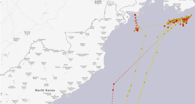 ▲ 한국에 억류 중인 파나마 선적 '카트린'호의 과거 항적. 북한 영해 인근까지 접근했다. ⓒVOA 관련보도화면-마린트래픽 검색결과 캡쳐.