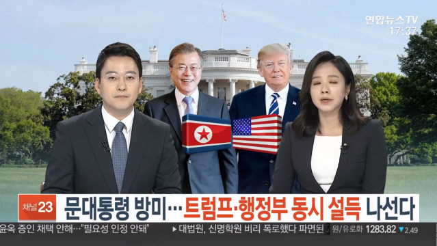 ▲ 10일 오후 연합뉴스TV '뉴스워치'에서 문재인 대통령 사진 앞에 북한 인공기가 배치된 채로 송출되고 있는 장면. ⓒ연합뉴스