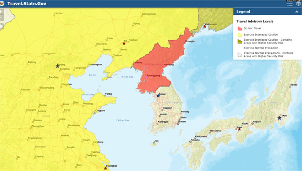 ▲ 미 국무부 여행주의보 가운데 동북아 지역 표시. 노란색보다 더 위험한 것이 오렌지색이다. ⓒ미 국무부 홈페이지-VOA 관련보도 화면캡쳐.