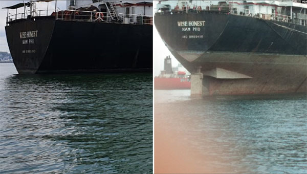 ▲ 석탄 하역 전과 후 선미 흘수선의 차이. ⓒVOA 관련보도 화면캡쳐.
