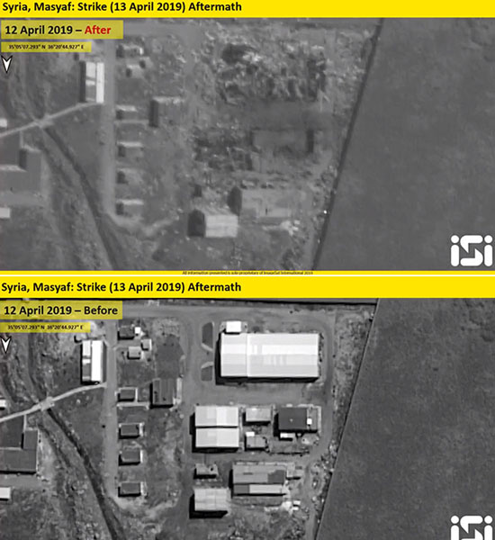 ▲ 지난 13일 이스라엘 공군의 공습을 받은 시리아 무기제조시설 위성사진. 위가 공습 전, 아래가 공습 후다. ⓒ자유아시아방송-이스라엘 위성업체 ISI.