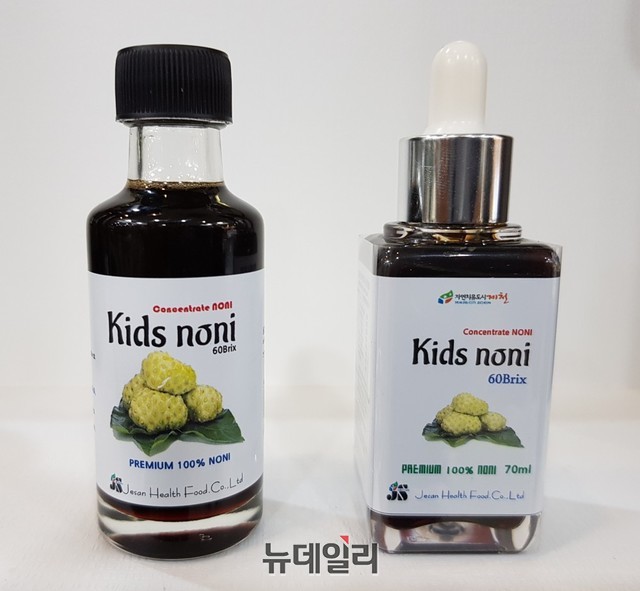 ▲ 정진호 대표가 개발·출시한 어린이들이 먹기 쉬운 ‘키즈 노니’.ⓒ목성균 기자