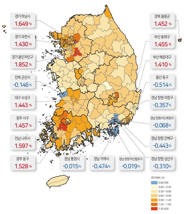 ▲ 시군구별 지가변동률 색인도. ⓒ국토교통부