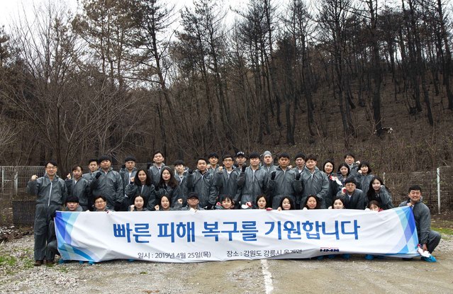 ▲ 현대상선 자원봉사자들이 25일 강릉시 옥계면 화재 현장에서 잔여물 처리 작업을 하고 있다. ⓒ현대상선