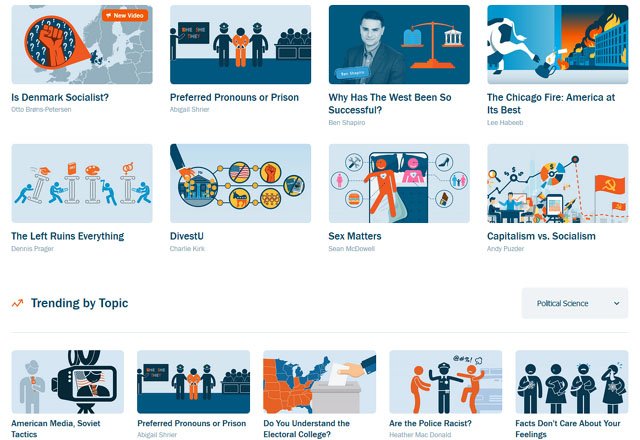 ▲ 미국의 '5분 영상강의' 사이트 '프래거 U'에 게재돼 있는 콘텐츠들. 우파를 위한 내용이 많다. ⓒ'프래거 U' 홈페이지 캡쳐.