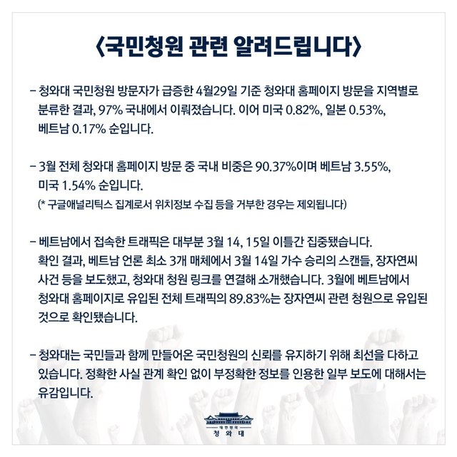 ▲ 청와대가 30일 자유한국당 정당 해상 청원 관련 조작 의혹에 대해 밝힌 입장문. ⓒ청와대