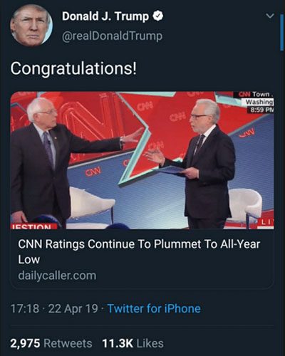 ▲ 도널드 트럼프 미국 대통령이 CNN 시청률 추락 기사를 본 뒤 트위터에 올린 글. ⓒ트럼프 대통령 트위터 캡쳐.