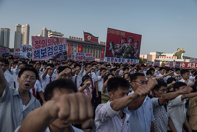 ▲ 2017년 8월 미국과 한창 말싸움을 벌이던 때 평양에서 열린 한미 규탄집회. ⓒ연합뉴스. 무단전재 및 재배포 금지.