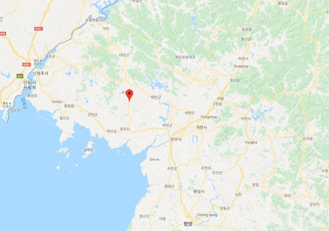 ▲ 평안북도 구성시 위치. 구성시 방현동을 비롯해 주변의 태천군 등도 미사일 관련 비밀기지가 있는 곳으로 지목받고 있다. ⓒ구글 지도 캡쳐.