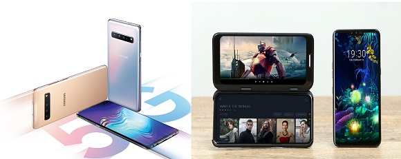 ▲ 좌측부터 삼성전자 '갤럭시S10 5G', LG전자 'LG V50 씽큐'ⓒ각 사