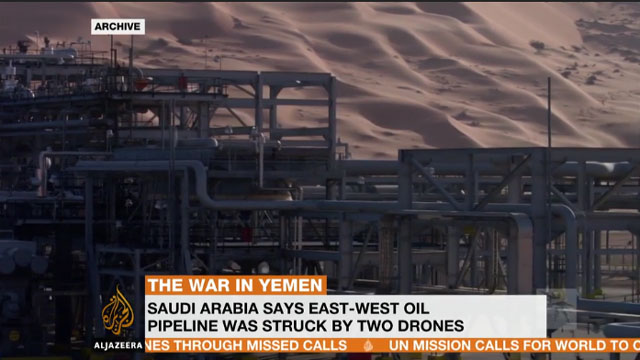 ▲ 이란의 지원을 받는 예멘 후티 반군이 폭탄을 실은 드론으로 사우디아라비아 송유관 시설을 공격했다. ⓒ카타르 알자지라 방송 관련보도 화면캡쳐.