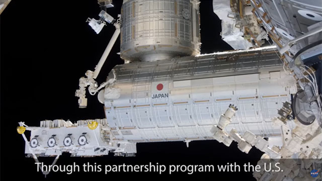 ▲ 일본 항공우주국(JAXA)가 만든 실험실 모듈이 국제우주정거장에서 가동되는 모습. 日JAXA의 기술이 자위대 우주부대 창설의 토대가 됐다. 미국 항공우주국(NASA)는 JAXA와의 파트너십을 매우 자랑스럽게 생각한다. ⓒ美NASA 존슨우주센터 유튜브 홍보영상 캡쳐.