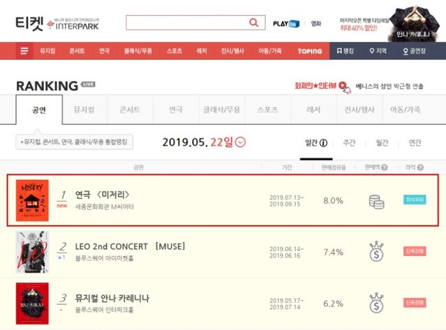 ▲ 인터파크 티켓 공연 부문 예매 랭킹 1위.ⓒ그룹에이트