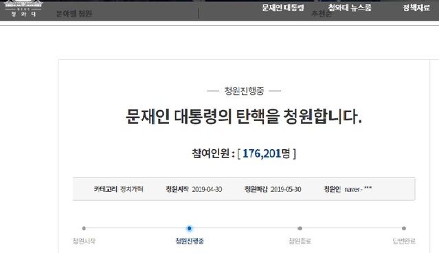 ▲ ⓒ'문재인 탄핵' 청원이 게시된 청와대 국민청원 홈페이지 갈무리.