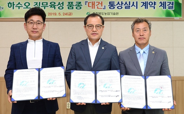 ▲ 충북도농업기술원은 26일 ‘회인골하수오약초영농조합법인(대표 윤자용·사진 오른쪽)’, ‘참들애바이오푸드영농조합법인(대표 화경판·왼쪽)’과 신품종 하수오 ‘대건’에 대한 통상 실시 계약을 맺었다고 밝혔다.사진 가운데는 송용섭 충북도농업기술원장.ⓒ충북도농업기술원