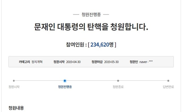 ▲ 문재인 대통령 탄핵 청원이 올라온 청와대 국민청원 게시판 갈무리.