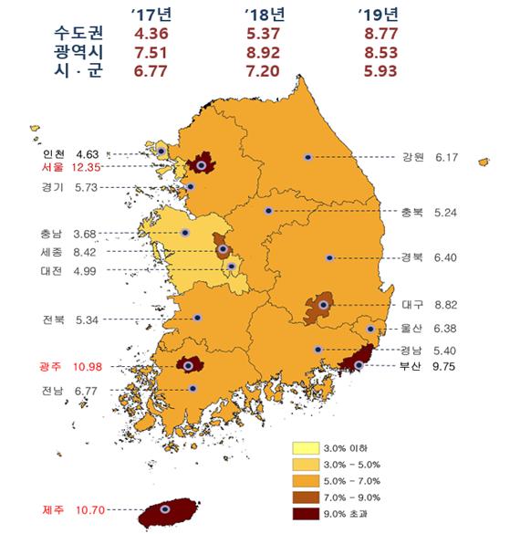▲ 2019년 전국 시도별 개별공시지가 상승률.ⓒ국토교통부