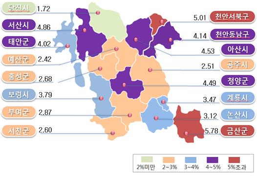 ▲ 충남도 지역별 상승률 분포도.ⓒ충남도