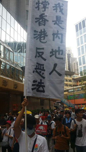 ▲ 시위에 참가한 중국인이 내건 깃발. '나는 중국인이다. 홍콩을 지지하며 악법에 반대한다'고 써 있다. ⓒ허동혁