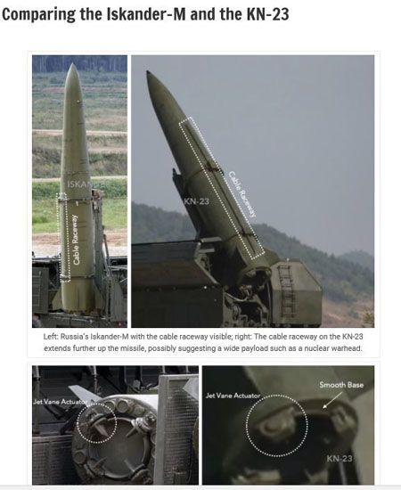 ▲ 제프리 루이스 미들베리 연구소 국장이 공개한 보고서. 러시아 이스칸데르와 북한 KN-23 탄도미사일을 비교한 사진이다. ⓒ뉴시스. 무단전재 및 재배포 금지.