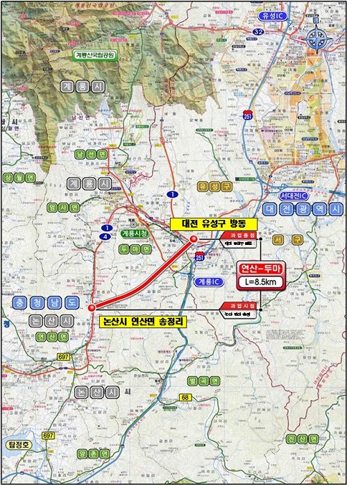 ▲ 계룡시 국도 대체우회도로 ‘연산~두마’ 위치도.ⓒ대전국토청