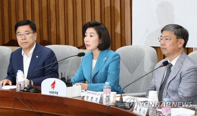 ▲ 자유한국당 나경원 원내대표가 13일 오전 국회에서 열린 재해 및 건전재정 추경 긴급토론회에 서 발언하고 있다. 김광림의원(왼쪽)과 양준모 연세대 교수(오른쪽)이 발언을 듣는 모습. ⓒ연합뉴스