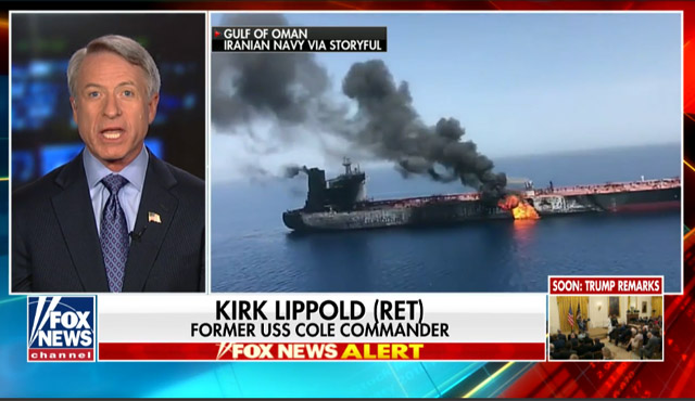 ▲ 오만海에서 발생한 유조선 피격 직후 폭스뉴스의 속보 장면. 미군이 영상을 공개한 뒤 이란의 소행임이 드러났다. ⓒ美폭스뉴스 관련속보 화면캡쳐.