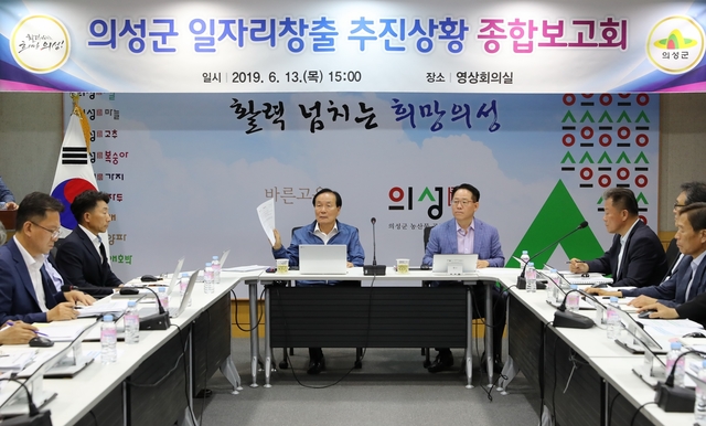 ▲ 의성군(군수 김주수)은 지난 13일 군청 영상회의실에서 김주수 군수 주재로 부군수, 전 부서장 등 20여명이 참석한 가운데‘2019년 일자리창출 추진상황 종합보고회’를 개최했다.ⓒ의성군