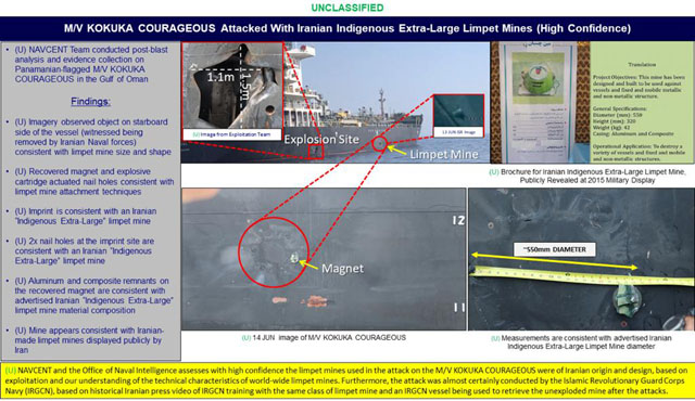 ▲ 미군이 19일(현지시간) 언론에 공개한 이란 기뢰 관련 설명. ⓒ미군 중부사령부 공개자료.