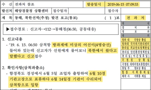 ▲ 해양경찰청 상황센터 보고서 ⓒ자유한국당 김정재 의원실