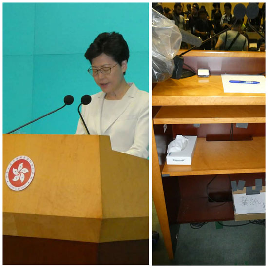 ▲ 18일 사과 기자회견을 하는 캐리 람 (林鄭月娥) 행정장관(왼쪽)과, 연단 아래에 놓인 티슈 ⓒ허동혁